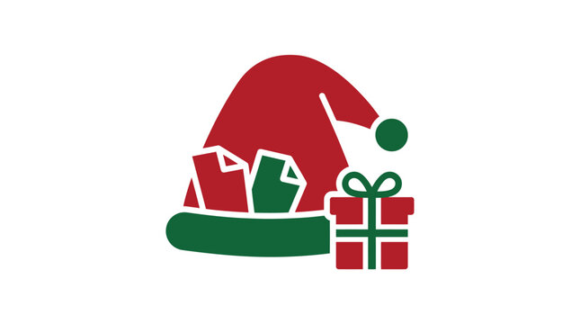 Red Santa Claus hat with green brim containing festive papers next to wrapped present