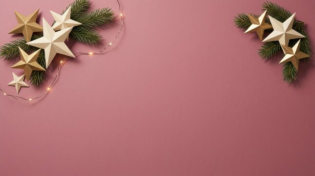 Golden and white stars interwoven with evergreen branches, twinkling lights, creating festive decor for holiday season celebrations