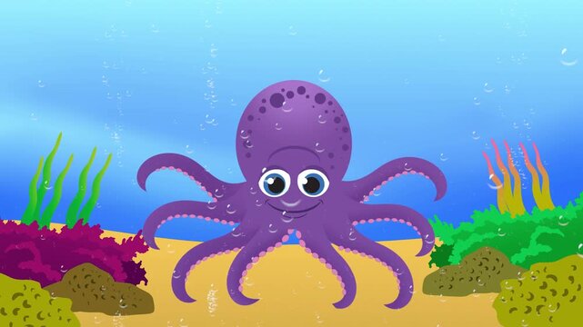 Animated 2D cartoon footage of a cute purple octopus squirting a cloud of dark ink on the ocean floor surrounded by coral reef and bubbles.