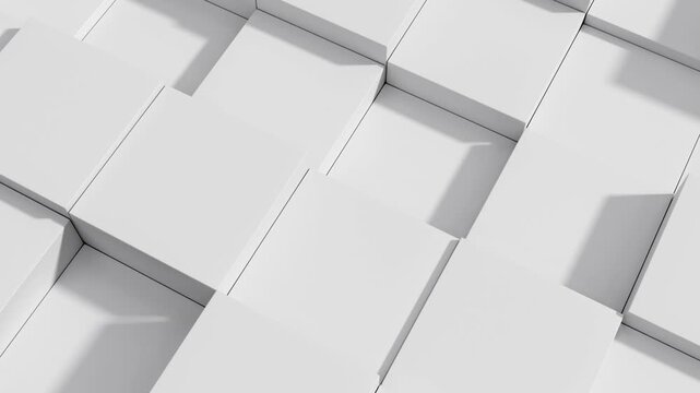 Seamless looping 3D animation of geometric cubes moving up and down in a rhythmic pattern. Abstract minimalist background for technology, digital design and motion graphics.