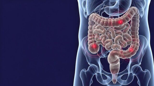 Medical 3D illustration of the human torso showing inflammation or pain in the colon and digestive system with red highlight markers