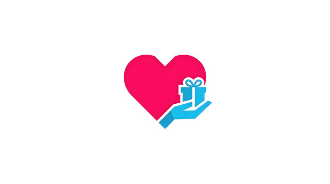 Giving Tuesday sharing with love illustration featuring a big pink heart and blue hand offering a gift box, symbolizing care, generosity, and the spirit of sharing in a global charity campaign.
