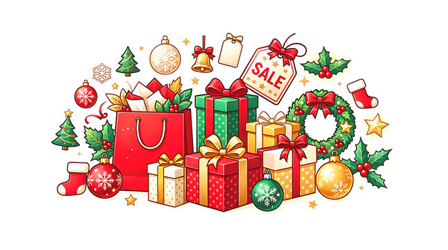 Holiday sales with festive Christmas decoration illustration featuring gift boxes, shopping bags, ornaments, and a sale tag highlighting a cheerful year-end promotion atmosphere.