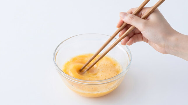 菜箸を使ってボウルで生卵を溶きほぐす手元