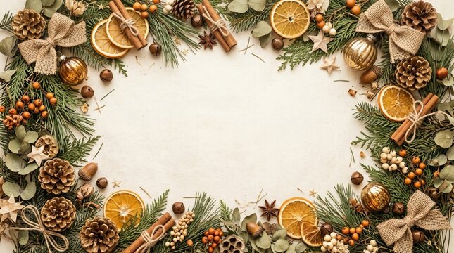 Festive autumnal arrangement showcases dried citrus, cinnamon sticks, pine branches, and berries, perfect for holiday concept