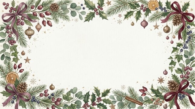 Festive Christmas garland displaying berries, pinecones, and ornaments, forming a circular border for seasonal celebrations