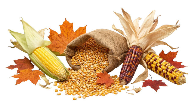 Autumn corn harvest with burlap sack and maple leaves isolated on transparent background