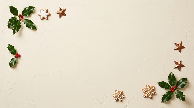 Festive gingerbread cookies and holly leaves decorate a neutral surface, showcasing seasonal cheer and holiday concept design