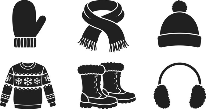 Winter clothing, black vector illustration of mittens, scarf, beanie, sweater, boots and earmuffs for seasonal fashion