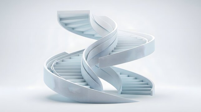 Elegant white spiral staircase with textured railings isolated on white background