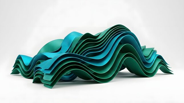 Abstract layered sculpture with teal and green waves isolated on white background