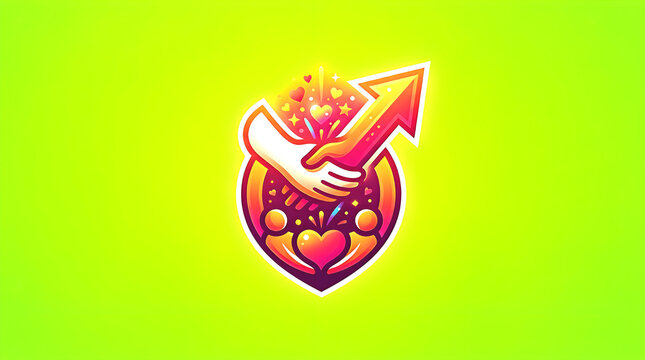 Giving Tuesday unity and support illustration featuring two hands shaking forming an upward arrow, with hearts and human figures below, symbolizing care, teamwork, and sharing in global charity.