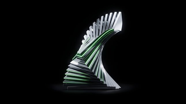 Abstract 3d render of a stacked metallic geometric sculpture with glowing green accents against a dark background