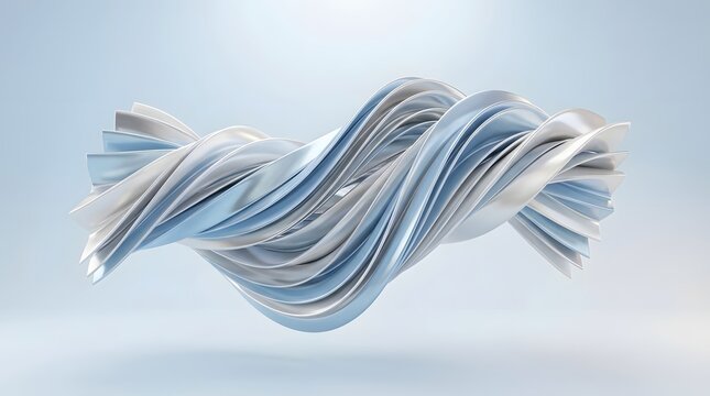 Abstract 3d render of a flowing metallic ribbon structure with silver and blue gradients against a soft light background