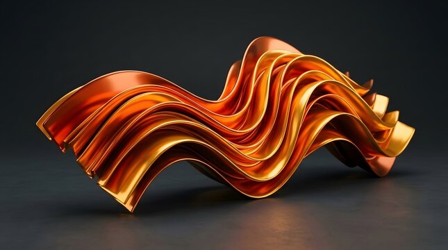 Abstract 3d render of flowing metallic copper ribbons on a dark background