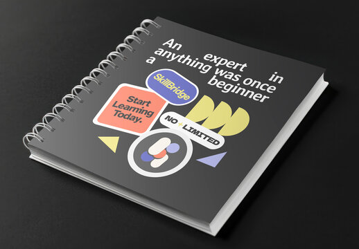Spiral Notebook Mockup PSD With Colorful Learning Stickers On Dark Background