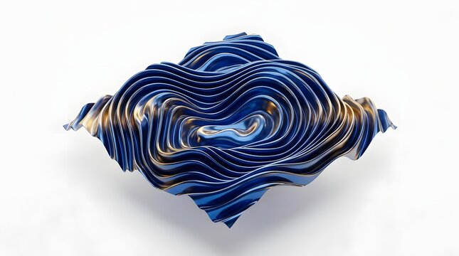 Abstract 3d render of layered metallic blue and gold waves isolated on white background