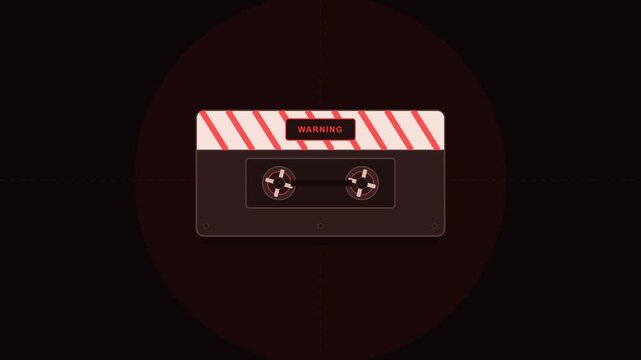 Retro cassette tape grid with red warning labels on black background