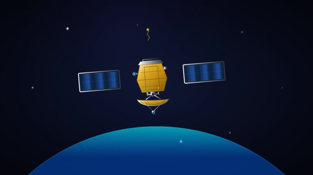 A stylized flat vector illustration of an artificial satellite orbiting planet Earth in space.