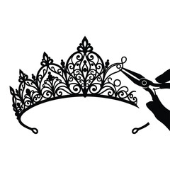 Black silhouette of hand crafting ornate bridal tiara with pliers, handmade jewelry vector illustration © RJRiad