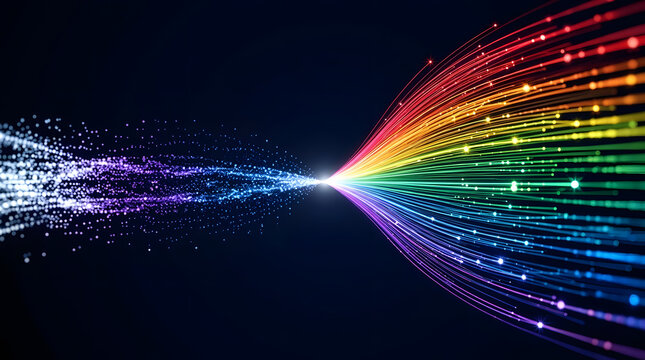High-Speed Fiber Optic Data Stream with Glowing Digital Particles Converging into a Futuristic Telecommunication Network