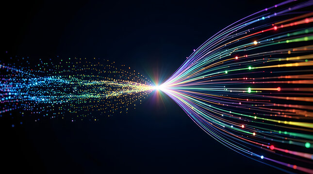 High-Speed Fiber Optic Data Stream with Glowing Digital Particles Converging into a Futuristic Telecommunication Network