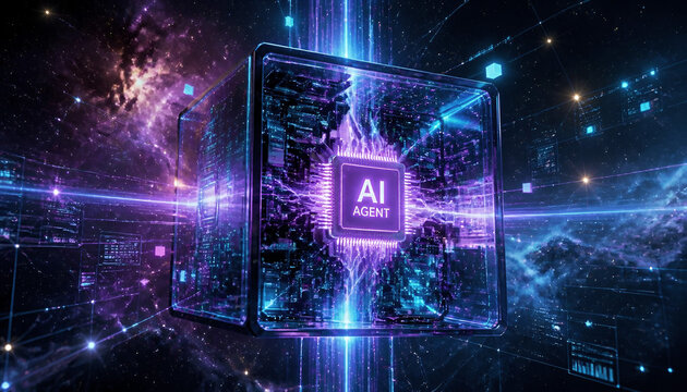 AI Agent Concept: a stylized chip housed within a futuristic, transparent, cube-shaped casing, surrounded by glowing lines and holographic interfaces; set against  the backdrop of outer space.