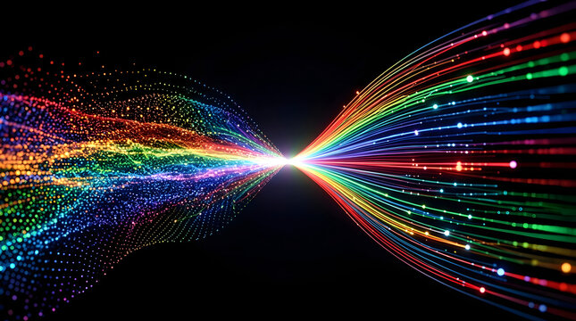 High-Speed Fiber Optic Data Stream with Glowing Digital Particles Converging into a Futuristic Telecommunication Network