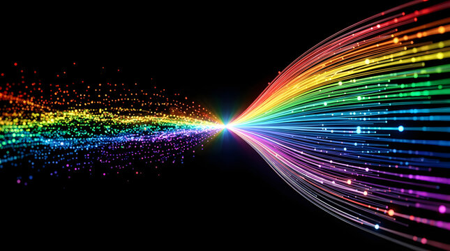 High-Speed Fiber Optic Data Stream with Glowing Digital Particles Converging into a Futuristic Telecommunication Network