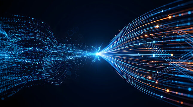 High-Speed Fiber Optic Data Stream with Glowing Digital Particles Converging into a Futuristic Telecommunication Network