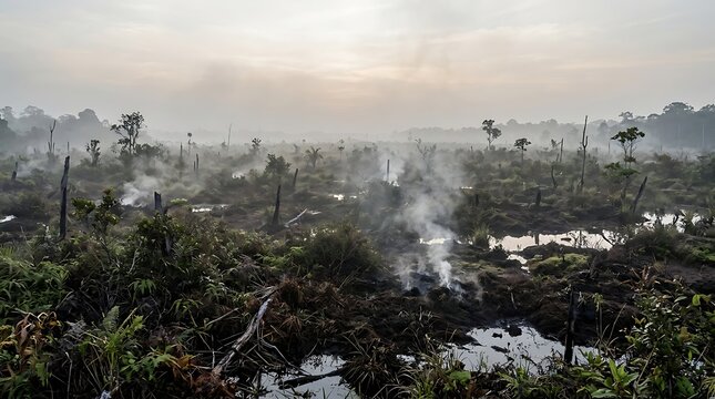 Desolate Burnt Landscape with Smoke and Charred Stumps at Dawn