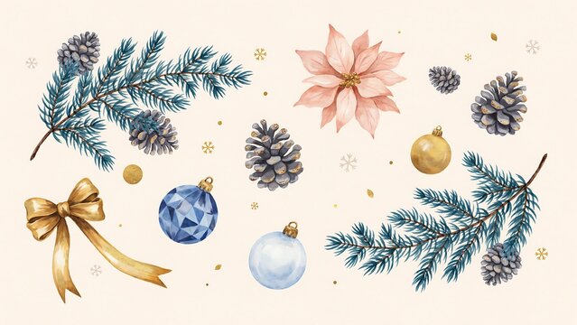 Watercolor christmas set with pine branches, cones, baubles, and poinsettia