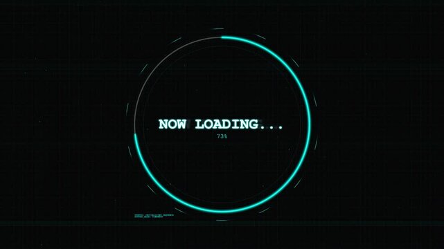 Futuristic HUD now loading screen with cyan neon progress bar and digital technical elements