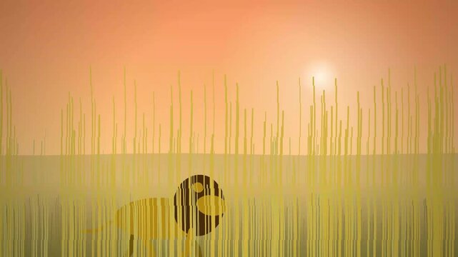 Minimalist flat vector animation of a lion walking through tall grass during warm sunset