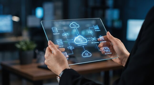Businessman holding transparent glass tablet displaying glowing cloud computing architecture diagram with icons for database server api gateway iot devices and analytics connected