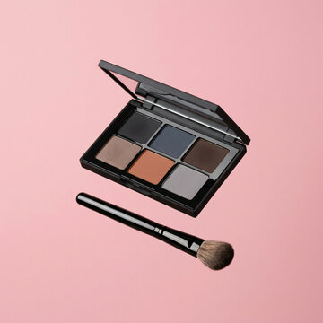 Palette de maquillage avec fards &agrave; paupi&egrave;res et pinceau cosm&eacute;tique sur fond rose.