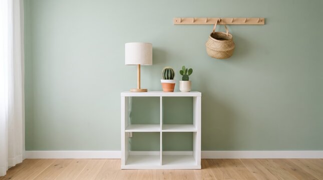 Minimalist interior design featuring white cube shelf against pale green wall, wooden floor, small potted cactus plants, table lamp, woven basket on wall hook, Scandinavian home
