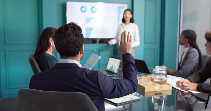 Man, hand raised and speaker in meeting with question, data analysis and feedback on finance report. Presenter, people and attention gesture in office with screen, team participation and profit stats