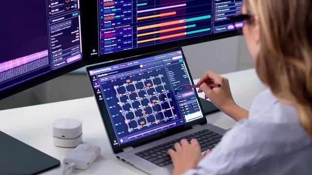 Quantum Physicist Analyzing Qubit Circuits On Laptop