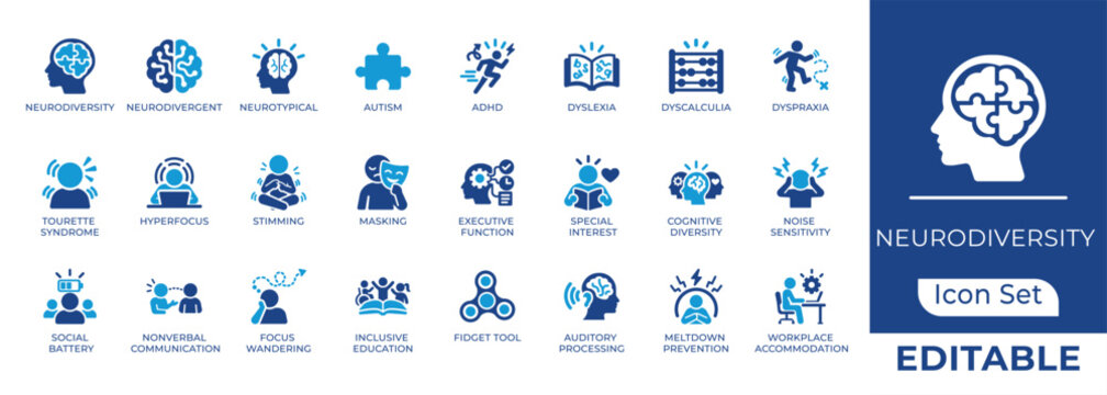 Neurodiversity and autism awareness solid icon set. Featuring adhd, dyslexia, and sensory overload. Vector icons for inclusive education and workplace accommodation