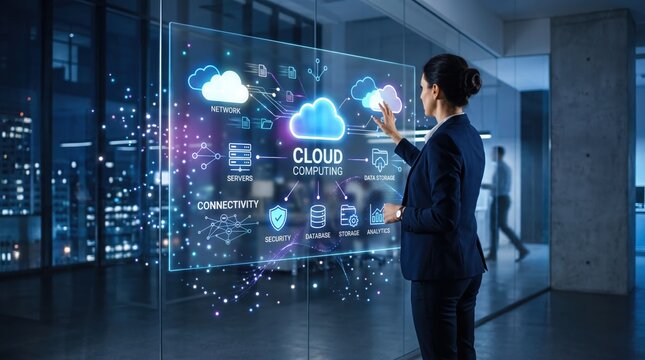 Businesswoman interacting with cloud computing hologram, network data storage concept, IT infrastructure management, artificial intelligence and big data analytics visualization