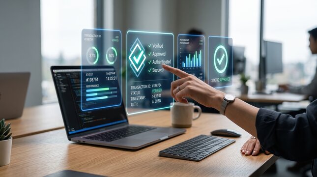 Person verifying blockchain transaction on floating holographic display, cryptocurrency security concept, financial technology fintech innovation, smart contract authentication