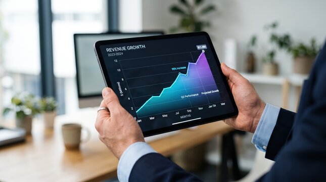 Business executive holding tablet showing revenue growth chart and financial performance metrics, analyzing quarterly results and projected sales trends for strategic business