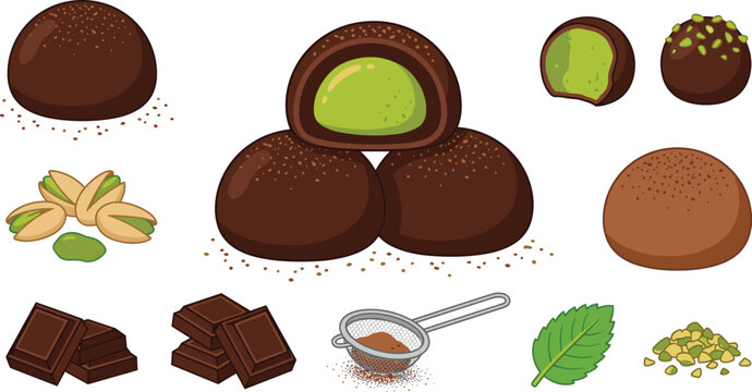Delicious dark chocolate matcha green tea mochi truffles set vector illustration featuring cream filled ganache sweets cocoa powder sifter mint leaf and pistachios isolated on white background