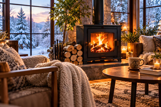 Cozy Winter Living Room with Wood Burning Stove and Snow View