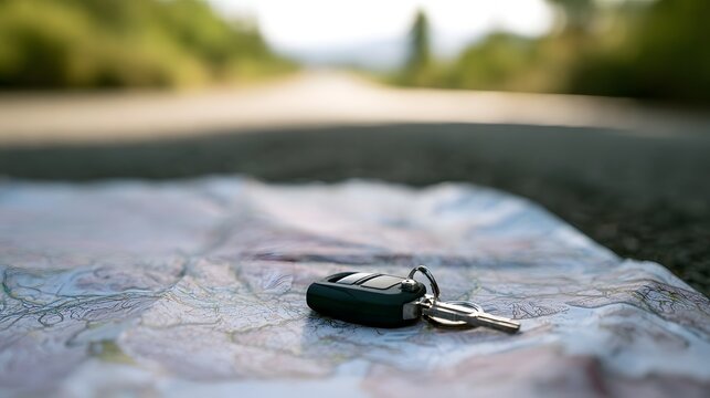 A car key fob rests on a folded map spread out on an asphalt road with blurred greenery in the background