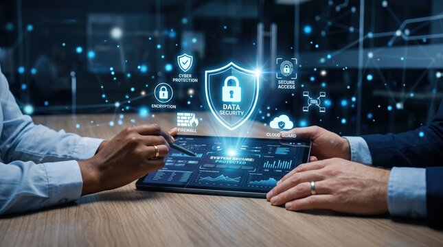 Team analyzing cybersecurity dashboard on tablet with shield icon, ensuring data protection, encryption and firewall security against cyber threats in IT infrastructure., 175