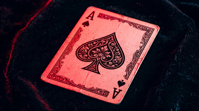 Glowing vintage ace of spades playing card on dark mysterious surface with intricate design