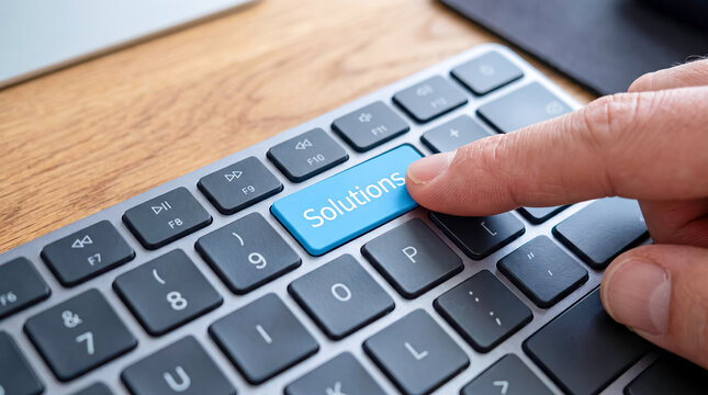 Hand pressing Solutions button on laptop keyboard with modern workspace background