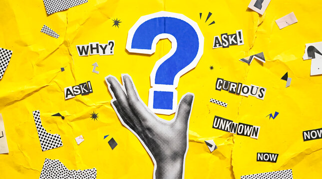Hand raising blue question mark symbolizing curiosity and inquiry with motivational sticky notes
